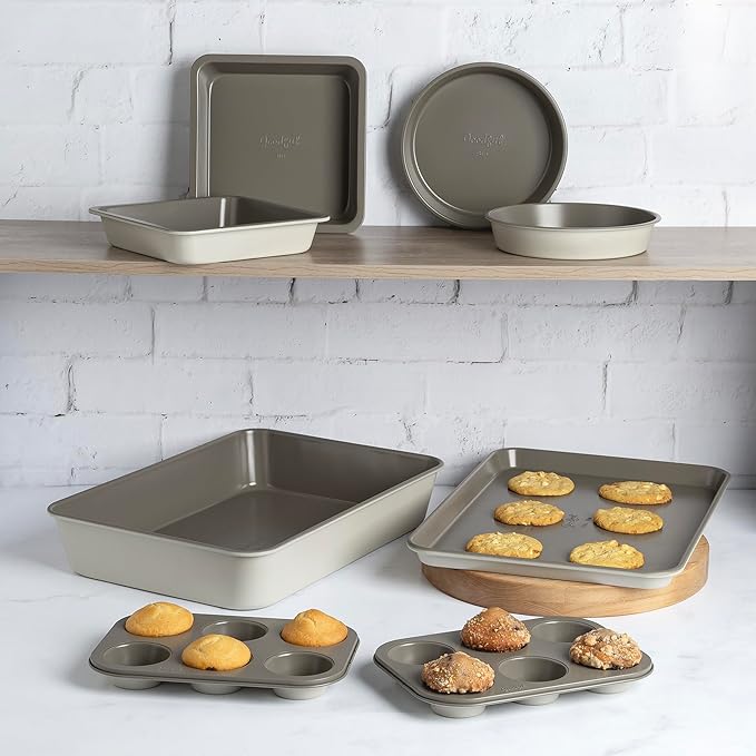 Goodful All-In-One Nonstick Bakeware Set, Stackable and Space Saving Design includes Round and Square Pans, Muffin Pans, Cookie Sheet and Roaster, Dishwasher Safe, 8-Piece, Linen