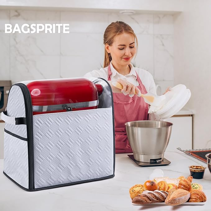 BAGSPRITE Full Open Stand Mixer Cover with Slider Base Compatible with KitchenAid 6-8 Qt Bowl-Lift Mixers – Dustproof Quilted Kitchen Aid Mixer Cover with Pockets for Accessories & Attachments