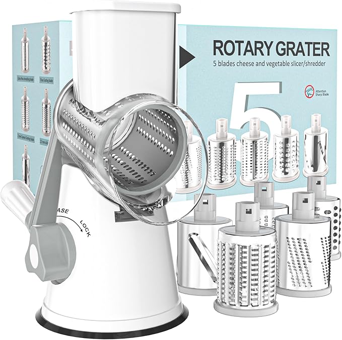 Cambom 5 in 1 Rotary Cheese Grater Hand Crank Cheese Shredder for Fresh Cheese, Vegetable, Nuts,Non-slip Suction Base, Five Blades, White