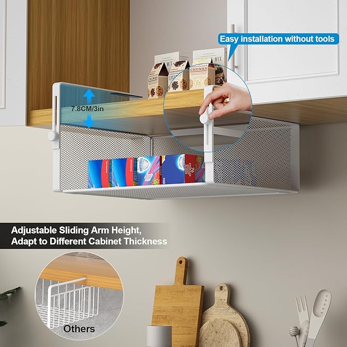 AmonHouseware 2Pack Under Shelf Basket Organizer,Adjustable Hanging Holder for Cabinet Pantry Kitchen Cupboard Desk Counter Bookshelf Organization Add-on Space Saver Heavy Duty Slide-in (White, Large)