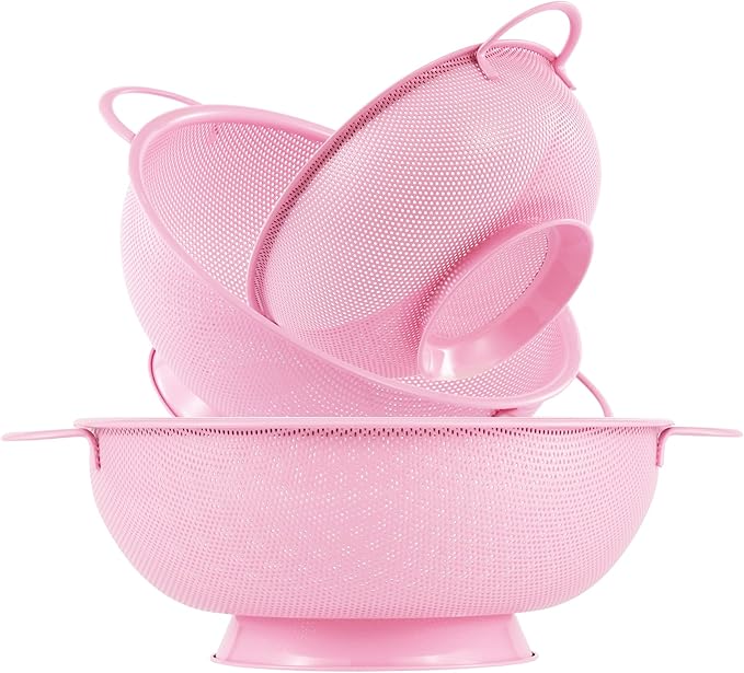 Stainless Steel Colander 3 Piece,Metal Strainer Basket with Solid Base and Handles for Kitchen Food,Pasta, Noodles, Vegetables and Fruits,Powder Coated,BPA Free,Dishwasher Safe,2 & 3 & 4.5 Qt (Pink)