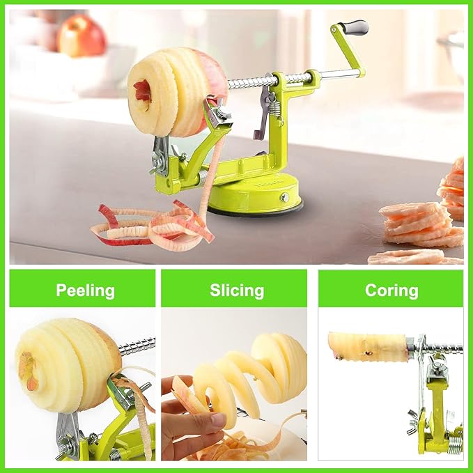 Apple Peeler Corer, Long lasting Chrome Cast Magnesium Alloy Apple Peeler Slicer Corer with Stainless Steel Blades and Powerful Suction Base for Apples and Potato(SpringGreen)