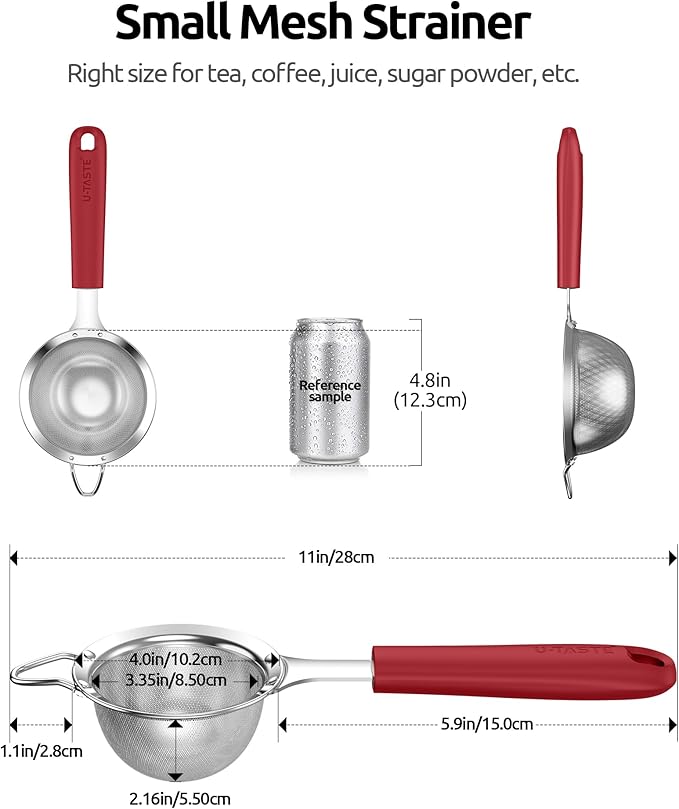 U-Taste Small Fine Mesh Strainer: 18/8 Stainless Steel 3.35in 30 Mesh Kitchen Food Sieve with Sturdy Riveted Silicone Handle, Heavy Duty Deep Handheld Metal Colander for Tea, Juice (Red)