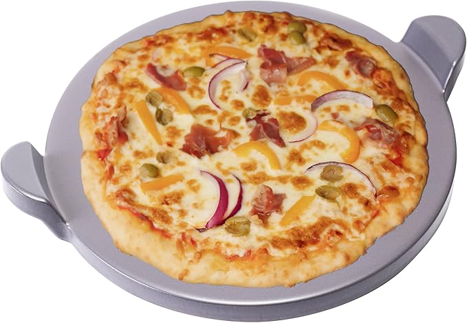 Old Stone Pizza Kitchen Glazed Round Pizza Stone with Handles for Oven and Grill, 13 inch