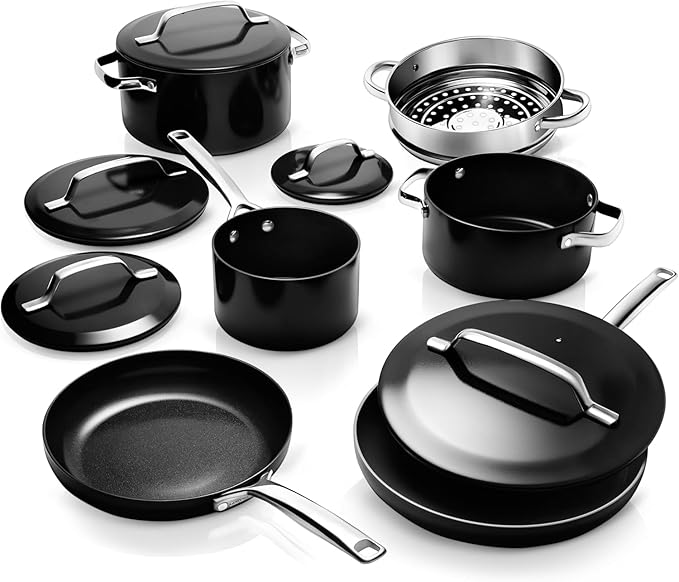 Gotham Steel Modern 11 Pc Ceramic Cookware Set, Elegantly Designed Pots and Pans Set Non Stick with Steamer, Induction Bottom, Premium Stay Cool Handles, Non Toxic PFOA Free, Oven & Dishwasher Safe