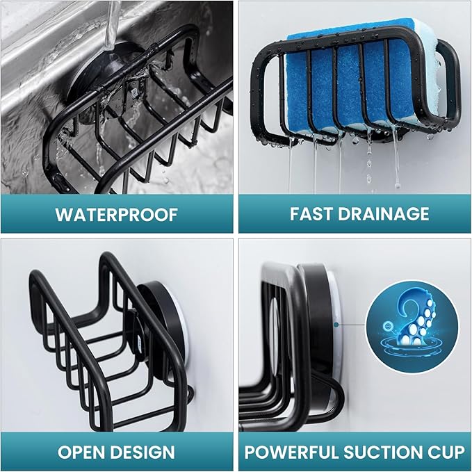 TAILI Sponge Holder for Kitchen Sink with Strong Suction Cup, Removable Sponge Holder, Rustproof Aluminum Sink Caddy for Sponges, Dish Brush - Black