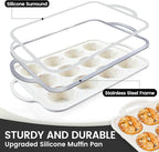 Vinino 2Pack Silicone Muffin Pan for Baking with Metal Reinforced Frame, Regular 12 Cup and Mini 24 Cup Nonstick Cupcake Pan Set, BPA Free Silicone Muffin Tray Molds for Oven Dishwasher Safe