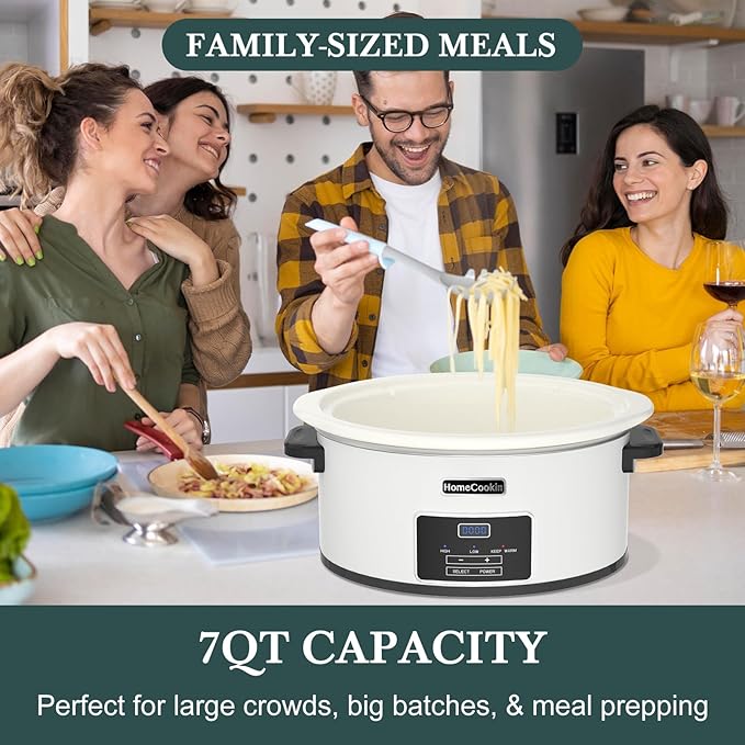 HOMECOOKIN 7-Quart Programmable Slow Cooker with Timer Keep Warm - Small Kitchen Appliance for Family Dinners - Serves 6+ People (White)