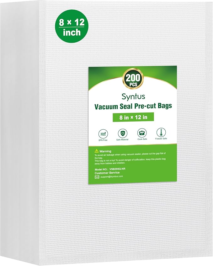 Syntus Vacuum Sealer Bags for Food, 200 Count Quart 8" x 12" Commercial Grade PreCut Bag, BPA Free Food Vac Bags for Storage, Meal Prep or Sous Vide