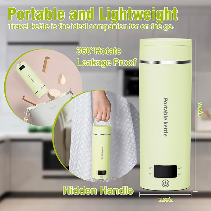 Travel Electric Kettle Portable Mini Kettle,Small Hot Water Boiler with 4 Temperature Settings,304 Stainless Steel,Fast Boiling Water with Auto Shut-Off and Boil Dry Protection,400ml (Green, 400ML)