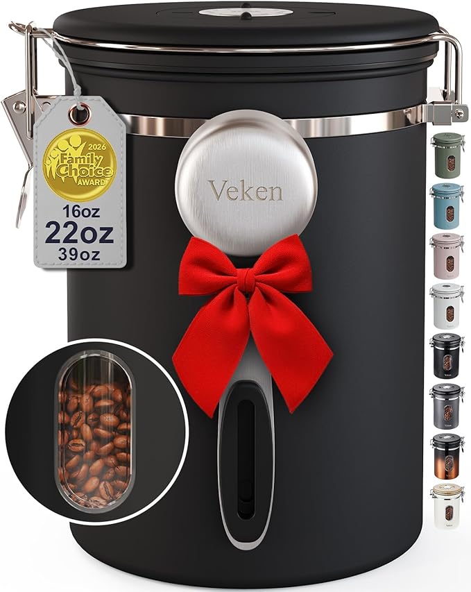 Veken Coffee Canister with Window,Airtight Stainless Steel Pantry Container,Home Kitchen Food Storage Organizers for Ground,Beans,Espresso,Rice,Tea,Sugar,Cereal, Decor,Bar Accessories,Gifts,22OZ,Black