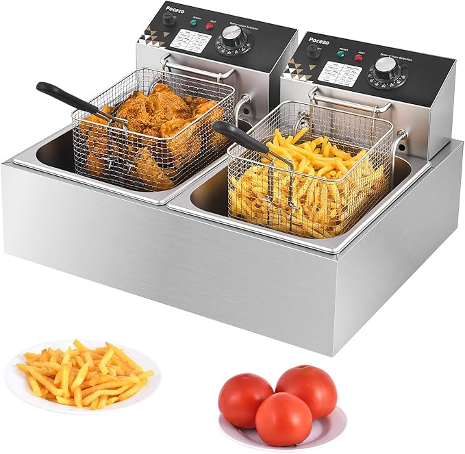 Deep Fryer with Basket, 3400w 9.1Qt Oil Tank / 4Qt Basket x 2, Stainless Steel Countertop Electric Fryer for Home and Commercial Use, Oil Fryer with Temperature Control and Double Overheat Protection