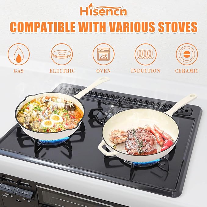 Hisencn Enameled Cast Iron Skillet Set - 3-Piece Fry Pans (8",9.5",11"), PFAS/PTFE/PFOA-Free, Oven & Induction Safe, Cream White Cookware for Gas, Electric, Ceramic Stovetops