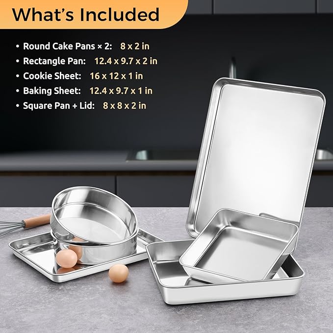 E-far Stainless Steel Baking Pan Set, 6-Piece Metal Bakeware Sets Include Cookie Sheet, Round Square Rectangle Cake Pans, Non-toxic & Dishwasher Safe