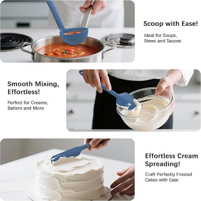 Coukre Silicone Kitchen Cooking Utensils Set with Holder – Heat-Resistant, Food-Grade Kitchen Tools, Spatula, Spoon & Gadgets for Non-Stick Pans, Dishwasher Safe (14, PureDarkBlue)