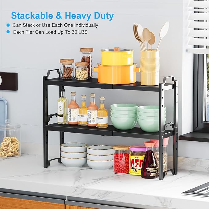 Narrow Expandable Cabinet Shelf Organizer 5.51" Width, Kitchen Counter Storage Shelves Spice Racks, Small Cupboard Countertop Tabletop Shelves Organizers, Expandable Adjustable Stackable, Load 30LBS