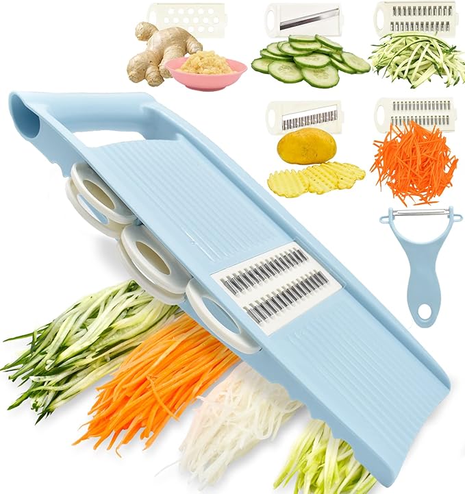 NACOLUS 5 in 1 Mandoline Slicer for Kitchen, Vegetable Slicer Multi Blade Potato Chip, Veggie shredder, Vegetable Cutter, Julienne Shredder and peeler For Small Job In Kitchen Blue