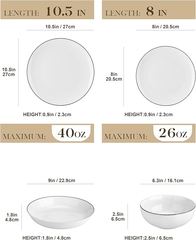 MALACASA 24-Piece Gourmet Porcelain Dinnerware Sets, Modern White with Black Rim Round Dish Set for 6 - Premium Serving Plates and Bowls Sets for Dessert, Salad, Soup, Pasta - Series AMELIA