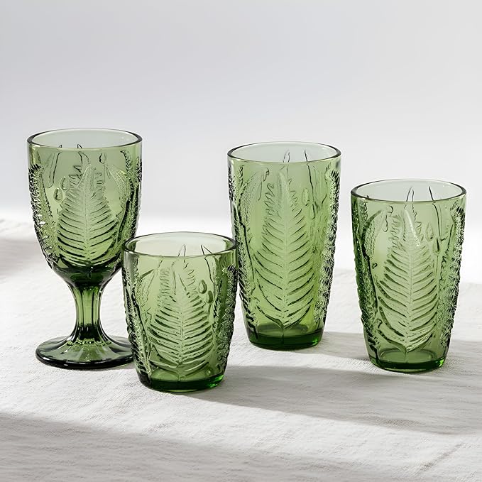 16 oz Green Fern-Embossed Tumblers – Set of 8 Drinking Glasses, Artisanal-Style Vintage Textured Glassware for Water, Sparkling Drinks, Lemonade & Mocktails – Retro Boho Kitchen & Home Table Decor