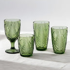 Vintage Green Drinking Glasses Set of 8, Mixed 10 oz & 12 oz Hand-Pressed Textured Glass Cups, Fern Embossed Retro Colored Glassware, Decorative Tumblers for Water & Cocktails, Boho Drinkware Gift Set