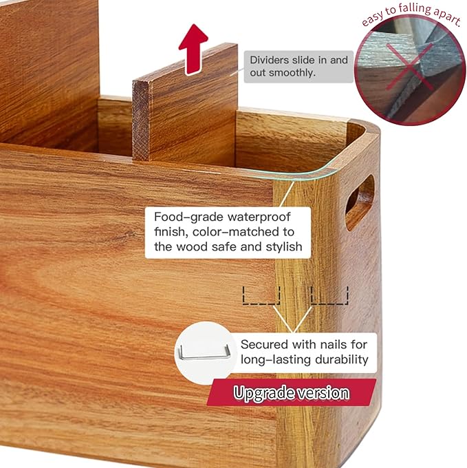 Wooden Kitchen Utensil Holder Organizer for Counter or Countertop, Large Wooden Utensil Holder for Storage Cooking and Silverware with 4 Compartment, Acacia Rustic Wood Container Extra Large