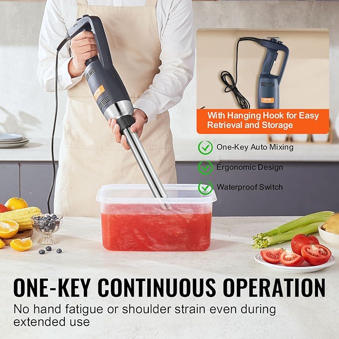 VEVOR Commercial Immersion Blender, 350W Heavy Duty Hand Mixer, 16 inch Stepless Variable Speed Mixer with Stainless Steel Blade, Multi-Purpose Portable Mixer for Soup, Sauces, Mashed Potatoes, Cream