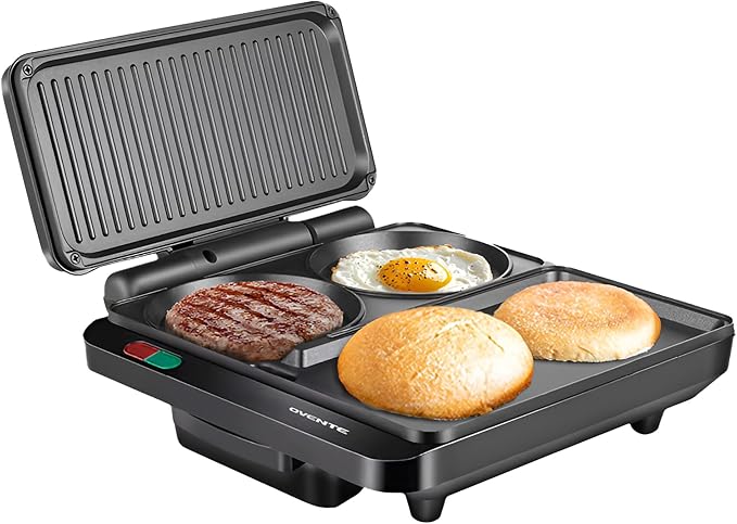 OVENTE Sandwich Maker and Hamburger Grill Machine with Non-Stick Griddle and Griller Plate, 1000W Electric Multipurpose Breakfast Station for Sandwiches, Burgers, Egg Muffin & Pancakes, Black HMG111B