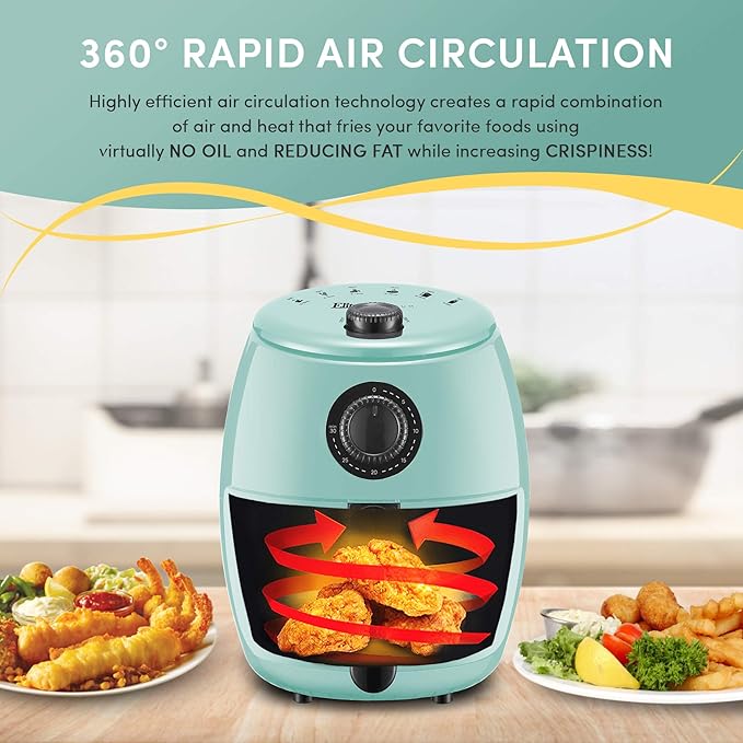 Elite Gourmet EAF-0201BL Personal Compact Space Saving Electric Hot Air Fryer Oil-Less Healthy Cooker, Timer & Temperature Controls, 1000W, 2.1 Quart, Mint