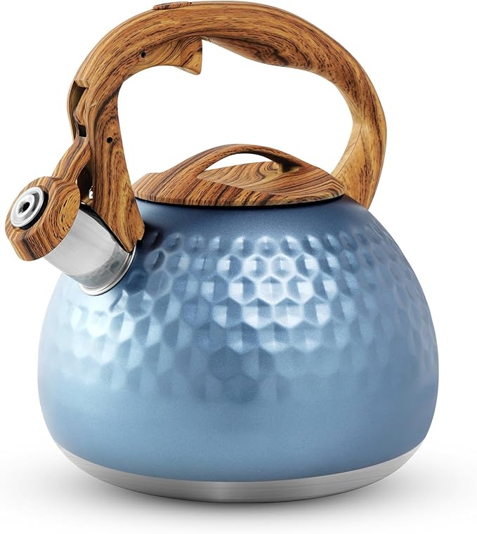 Stainless Steel Tea Kettle Blue, Teapot 3.2 Quart Whistling Tea Kettle, Tea Pots for Stove Top with Wood Pattern Handle, Gas Electric Applicable