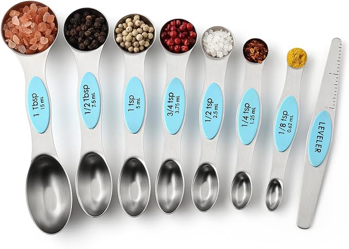 Spring Chef Stainless Steel Magnetic Measuring Spoons Set of 8 with Leveler, Nesting Metal Teaspoon & Tablespoon Measuring Spoons, Fits in Spice Jars, Kitchen Gadgets for Baking & Cooking - Aqua Sky