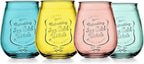 Glaver's Stemless Wine Glasses Set of 4 – 21oz Assorted Colored Wine Tumblers– Unique Embossed Logo, Vintage Cute Wine Glasses for, Beer, Juice, Cocktails, Fresh Drinks, Beverages, and more.