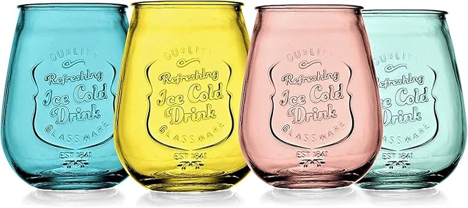 Glaver's Stemless Wine Glasses Set of 4 – 21oz Assorted Colored Wine Tumblers– Unique Embossed Logo, Vintage Cute Wine Glasses for, Beer, Juice, Cocktails, Fresh Drinks, Beverages, and more.