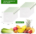 Set of 12 Reusable Mesh Produce Bags - Medium (12"x14") - Green - Polyester - Washable - Drawstring Closure