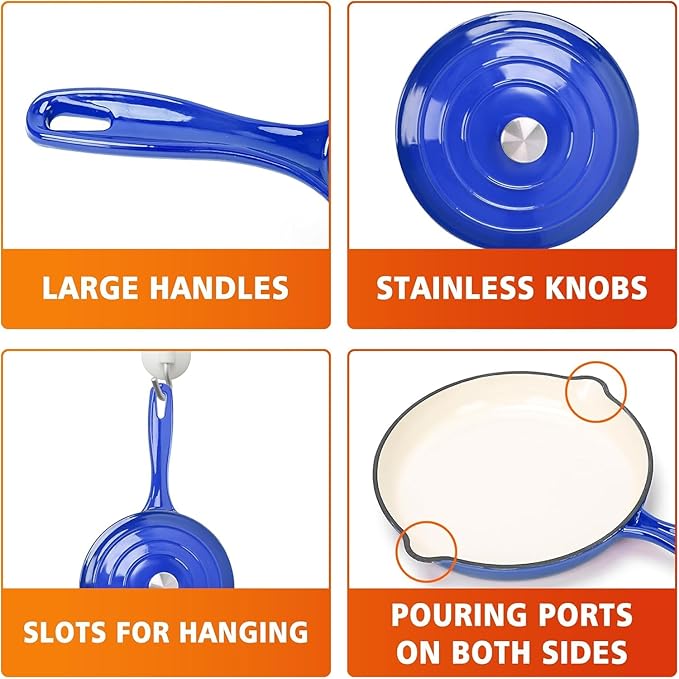 Hisencn Enameled Cast Iron Cookware Set - 7 Piece Dutch Ovens Set, Sauce Pan, Skillet, 3 Lids, Pots and Pans Set, Ceramic Coated Cast Iron, Heavy Duty, Gas/Induction Compatible, PFA Free