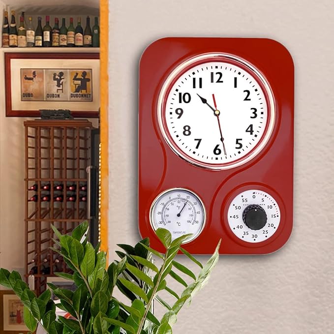 Lily's Home -9.5 Inch x 12.5 Inch -Retro Kitchen Wall Clock, Vintage Wall Clock with a Thermometer and 60-Minute Timer, Ideal for Any Kitchen, Office, or Diner (Retro Red)