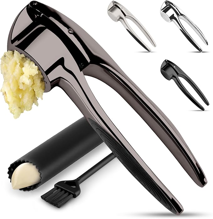 Zulay Kitchen Premium Garlic Press Set – Rust Proof & Dishwasher Safe Garlic Mincer Tool with Silicone Garlic Peeler & Brush, Easy Squeeze & Clean, Ergonomic Soft Grip Handle - Medium – Dark Gray