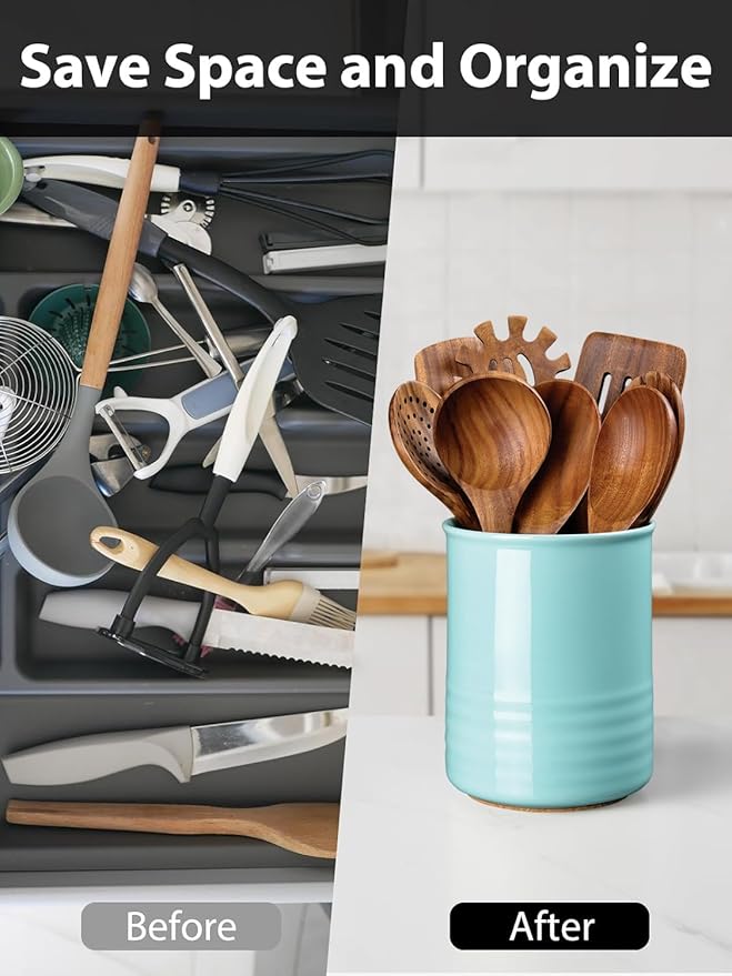 Utensil Holder, 6.7" Ceramic Kitchen Utensil Crock for Countertop Cooking, Modern Utensil Caddy Jar Organizer for Farmhouse Kitchen Counter Décor, Turquoise