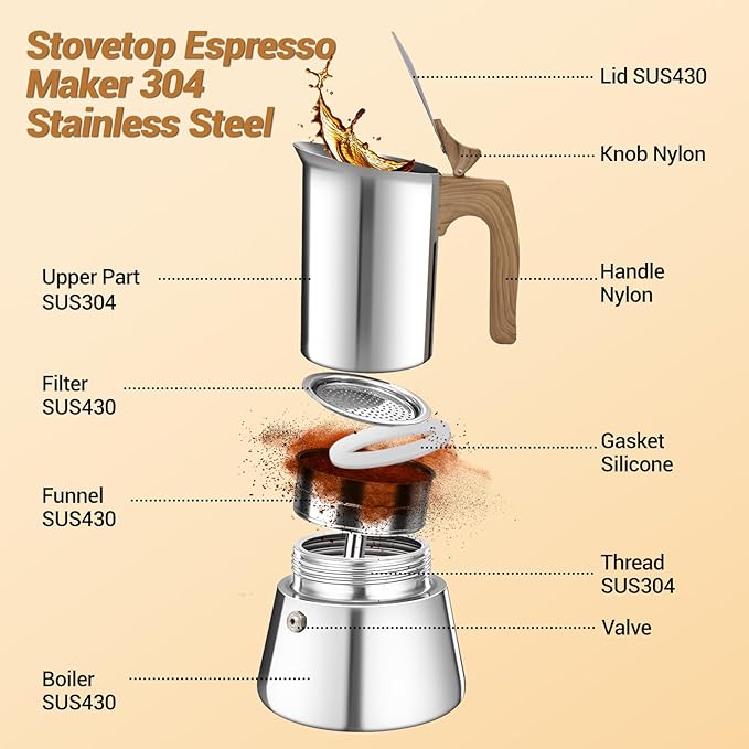 No Coating 2 Cup Moka Pot Thickened 304 Stainless Steel Stovetop Espresso Coffee Maker 100ml 3.4oz Mocha Percolator Greca Cuban Ideal for Making Rich Authentic Italian Café
