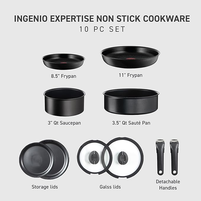 T-fal Ingenio Expertise Non Stick Cookware Set 10 Piece, Induction, Oven Broiler Safe 500F, Stackable Cookware, Pots and Pans Set, RV, Camping, Frying Pans, Dishwasher Safe, Detachable Handle,Black