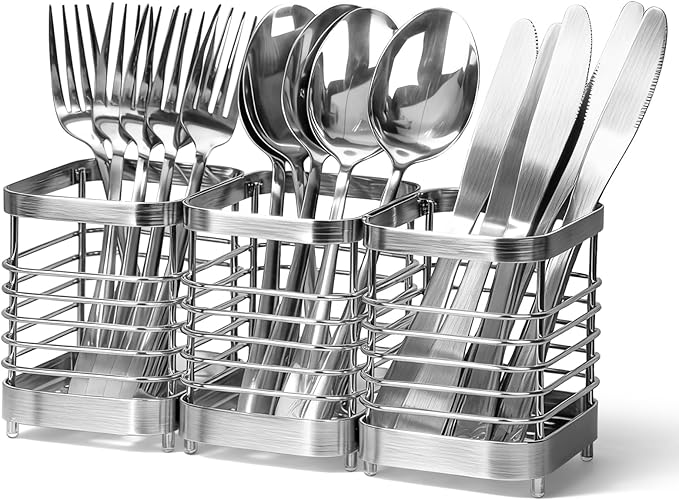 Utensil Holder, Stainless Steel Utensil Drying Rack for Kitchen Counter, Silverware Cutlery Flatware Holder Forks, Knives, Spoons, Chopsticks Organizer (Silver)