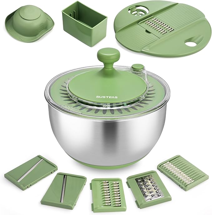 SUSTEAS Stainless Steel Salad Spinner Large, Vegetables Wash Bowl, Fruits & Herb Lettuce Dryer with 5 Blade Slicer Egg Yolk Strainer Shredder for Efficient Salad Preparation and Food Washing, 4.25Qt