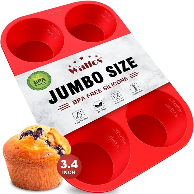 Walfos Silicone Texas Muffin Pan - 6 Cup Jumbo Silicone Cupcake Pan, Non-Stick, Just PoP Out! Perfect for Egg Muffin, Big Cupcake - BPA Free and Dishwasher Safe