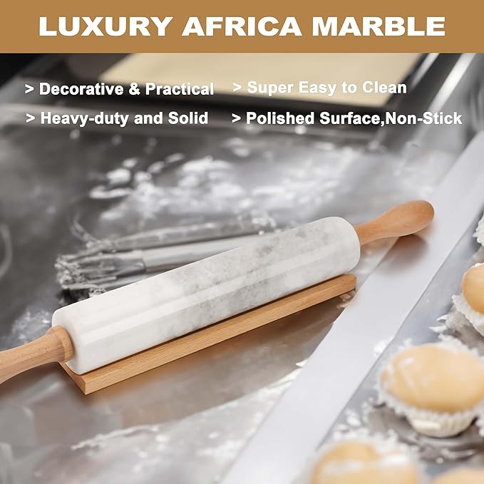 Koville African Natural Marble Rolling Pin, Non-Stick Polished Dough Roller, Pasta, Dumpling, Fondant, Pie Crust, Bread, Pizza Dough, Kitchen Baking Pastry Tools with Mat/Scraper（Namib Fantasy）