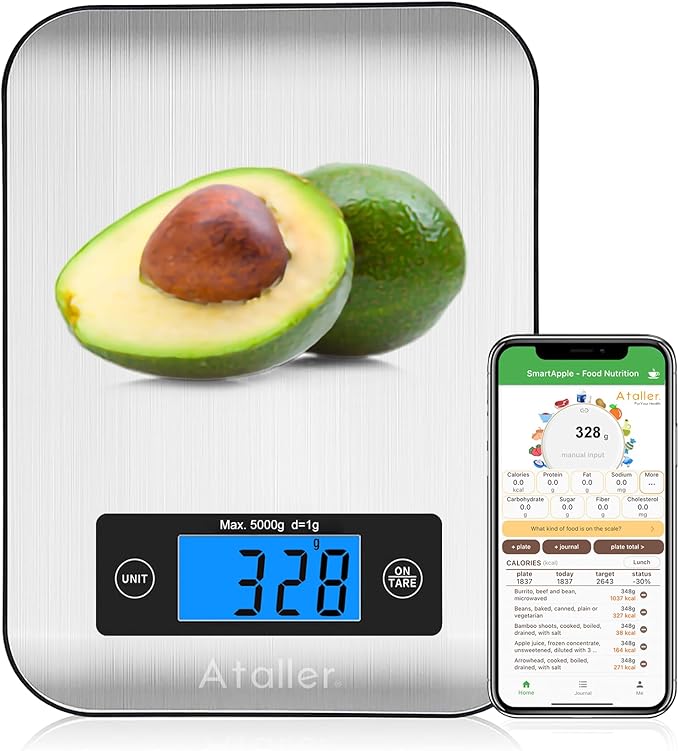 Ataller Smart Food Scales with Nutritional Calculator, Smartphone App with 26 Nutrients Tracking, Calorie, Marco, Digital Kitchen Weight Grams and Ounces for Weight Loss, 11 Pounds, Stainless Steel