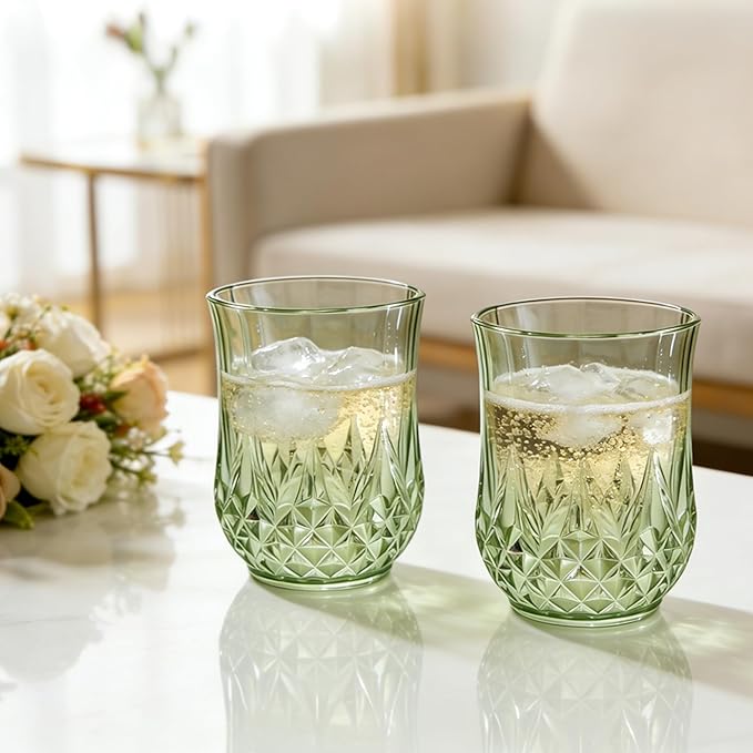 24 Pack Plastic Stemless Wine Glasses,12oz Unbreakable Vintage Elegant Drinking Glass Set,Reusable Fancy Cocktail Cups for Party, Wedding, and Bulk Events (24, 12oz-Sage Green)