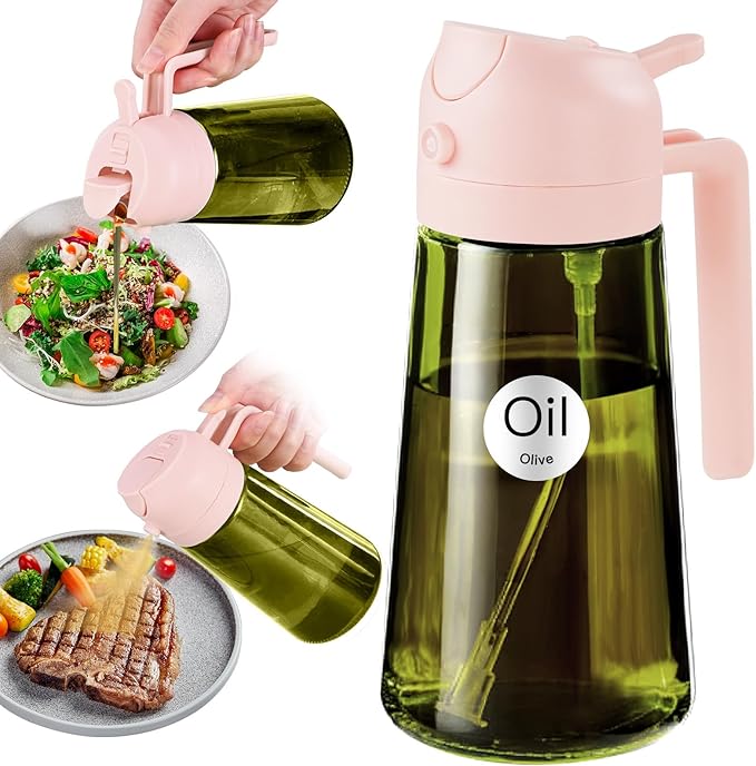 YARRAMATE 16oz/470ml Light-Blocking Dark Oil Sprayer for Cooking, 2 in 1 Olive Oil Dispenser Bottle for Kitchen, Dark Green Glass Oil Bottle, Food-Grade Oil Mister for Air Fryer, BBQ (PeachPink)