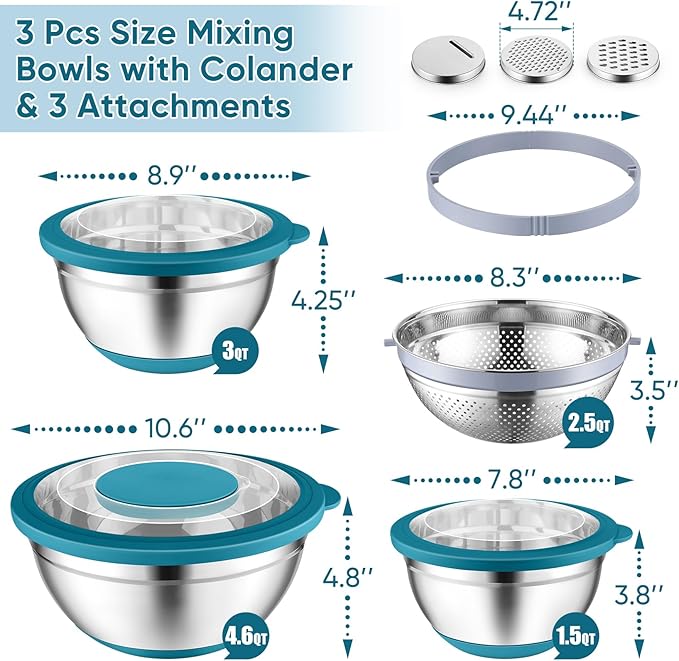 P&P CHEF Mixing Bowls with Lids Set of 3, Stainless Steel Mixing Bowl and Colander for Kitchen, 3 Grater Attachments & Non-Slip Bottoms, Visible & Airtight Lid, Blue