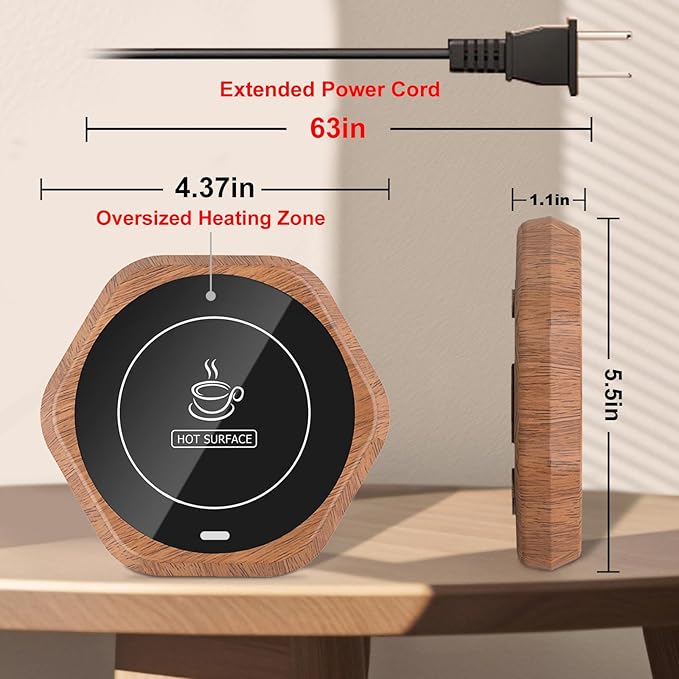 Coffee Mug Warmer for Desk - Wooden Auto Shut Off Drink Warmer for Milk Tea Water Cocoa - Smart Beverage Heating Candle Wax Plate - Hexagonal
