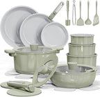 CAROTE 27pcs Ceramic Cookware Set Nonstick, Pots and Pans Set Non Stick, Non Toxic Cookware Detachable Handles, Dishwasher/Oven Safe, RV/Camping Cookware, Pan and Pot with Kitchen Utensils, Green