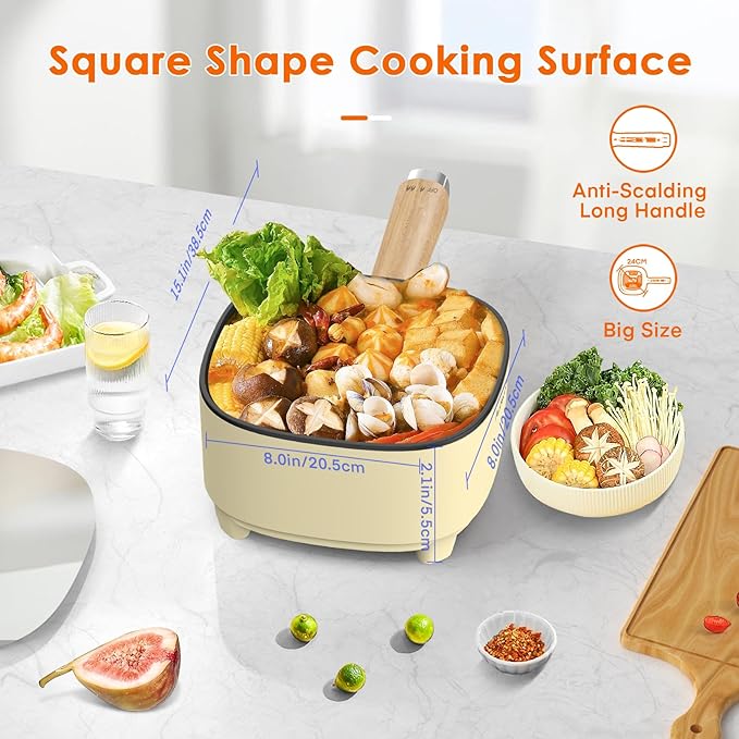 Audecook Hot Pot Electric 2L, Cermic Glaze Non-Stick Frying Pan 8 Inch, Portable Travel Cooker for Ramen/Steak/Fried Rice/Oatmeal/Soup, with Dual Power Control (Silicone Spatula Included)